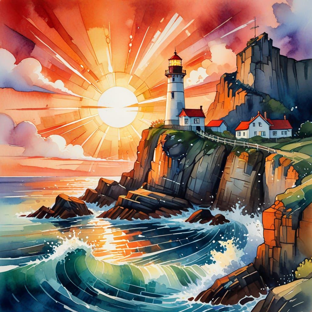 Vibrant Lighthouse Painting in Expressive Watercolour Style