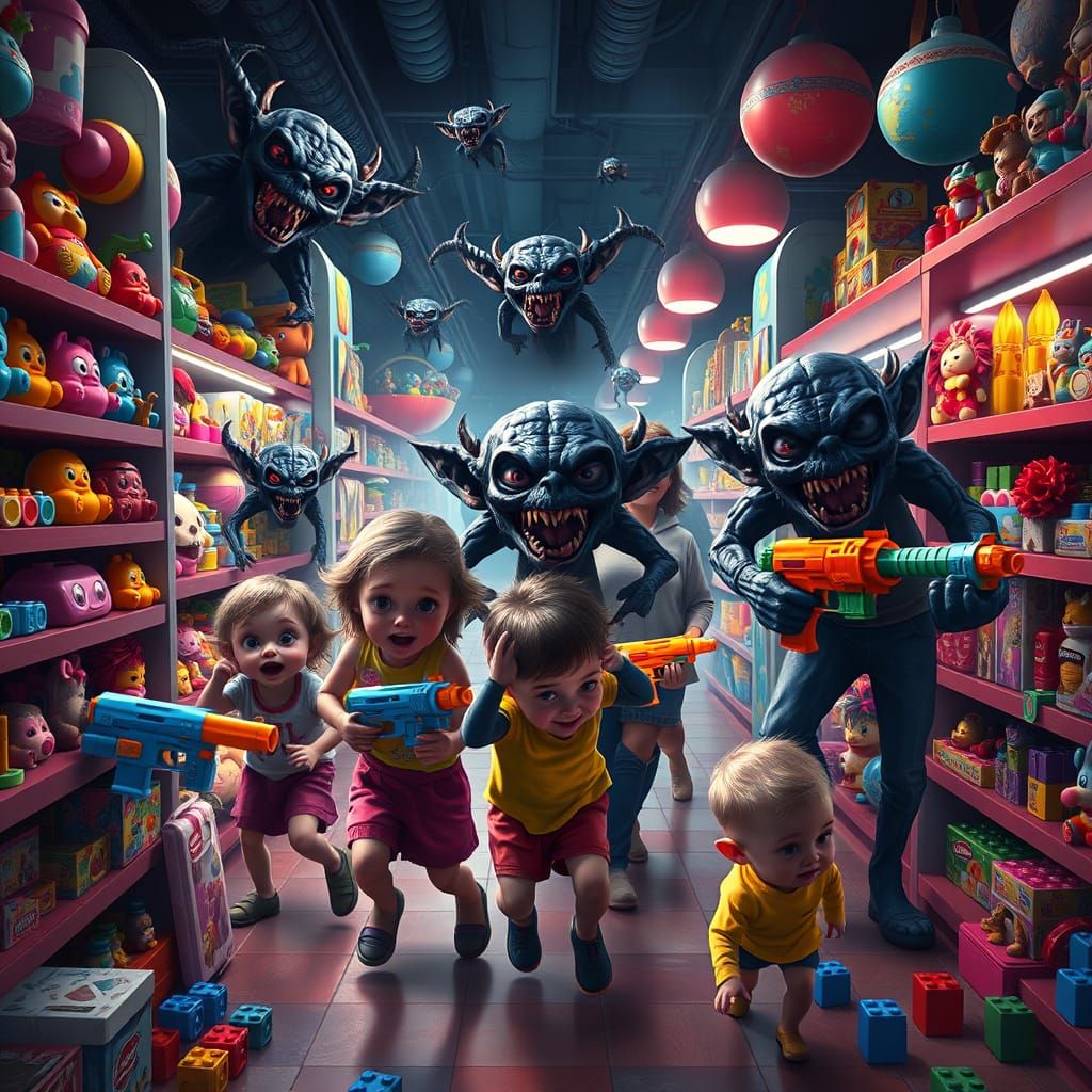 Mischievous Goblins Unleash Chaos in a Vibrant Toy Store