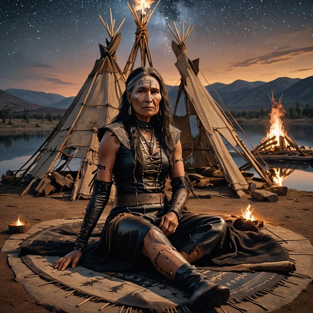 Native American Pinhead Mother Under Starry Sky
