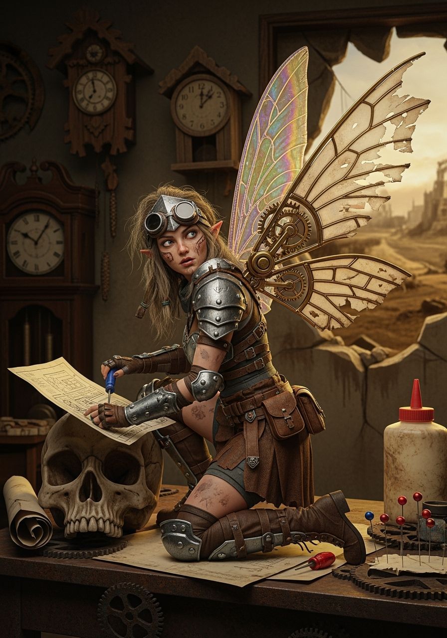 Steampunk Fairy Mechanic Repairs Wing in Ruined Clock Shop