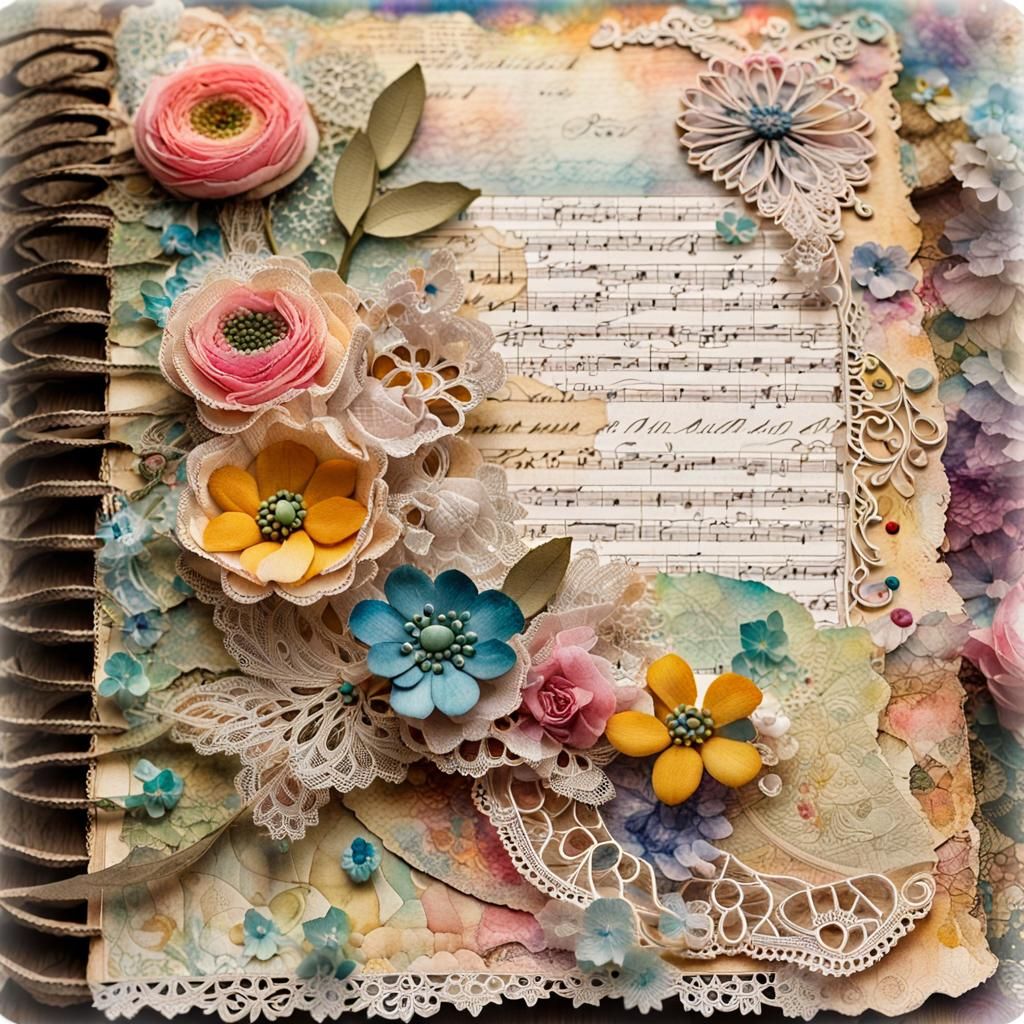Mixed Media Journal Page with Lace and Flowers