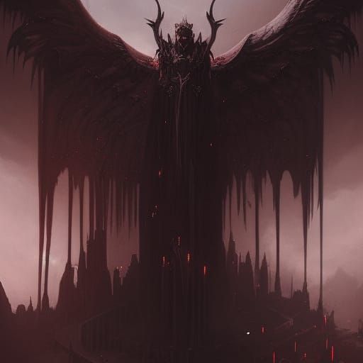 Military Lucifer with black wings, cloven hooves, elaborate crown of bones