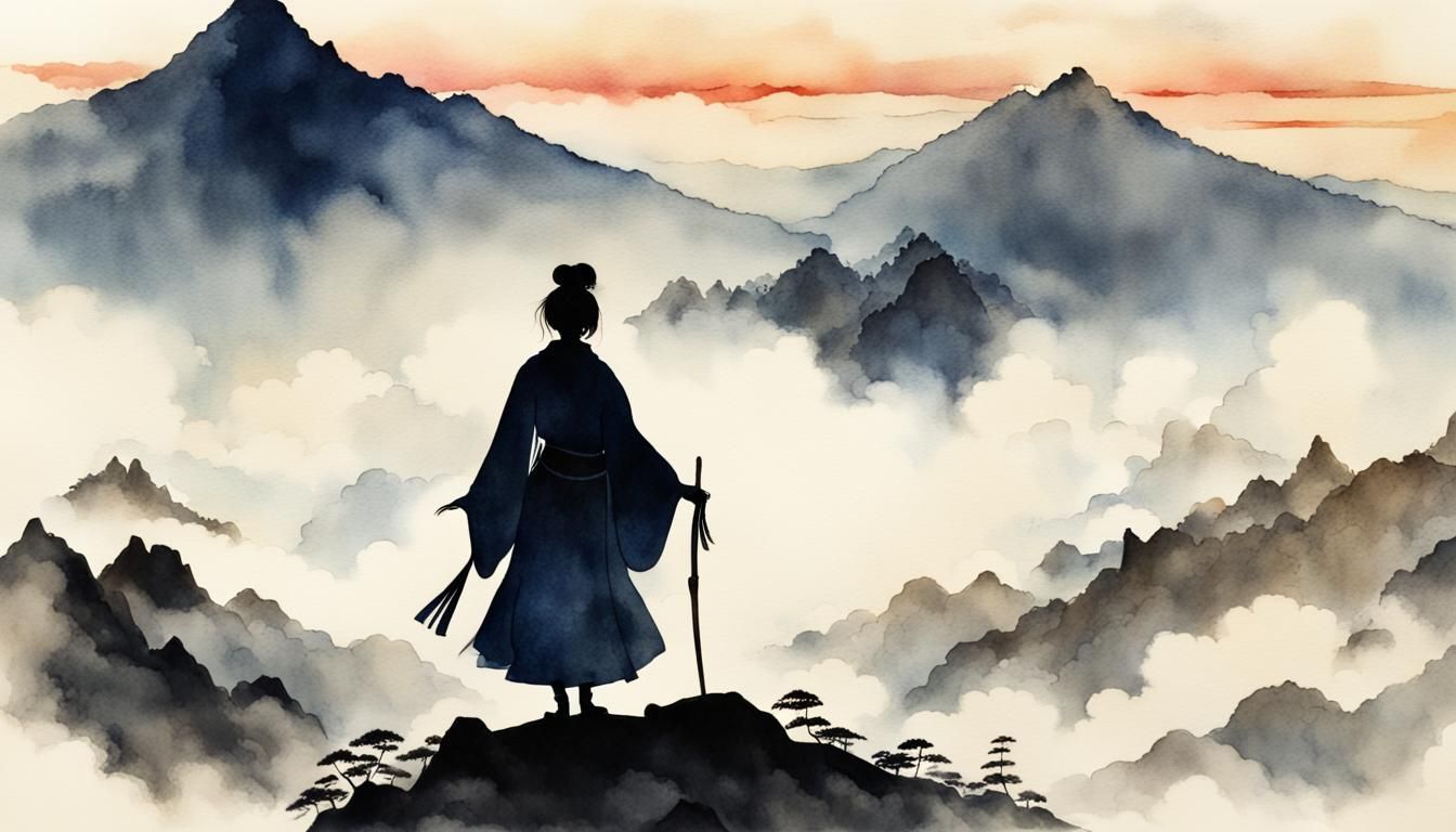 Woman Silhouette Above Clouds in Japanese Watercolour