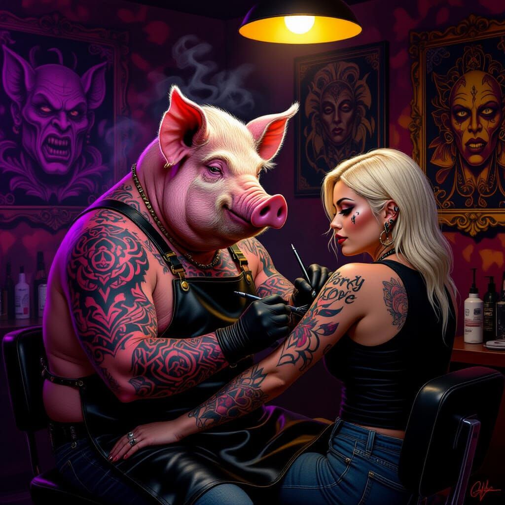 Pig Tattoo Artist Inking Arm, Dark Fantasy Style