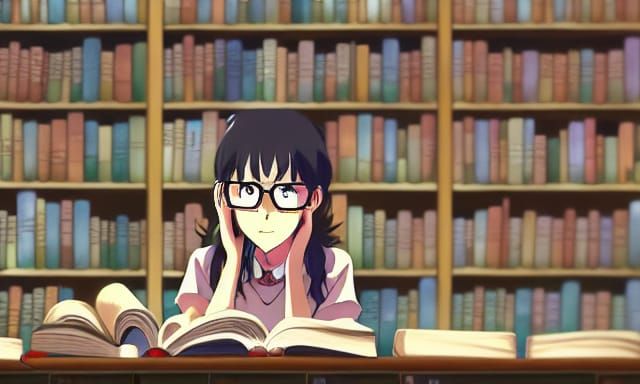 Girl in Magical Library Inspired by Studio Ghibli