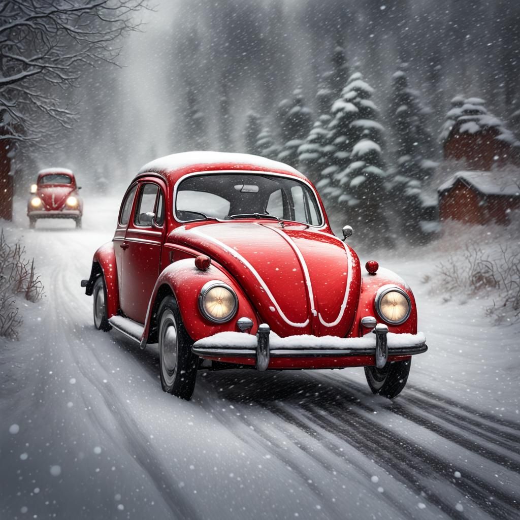 Santa Races in Winter Scene with Red VW Beetle