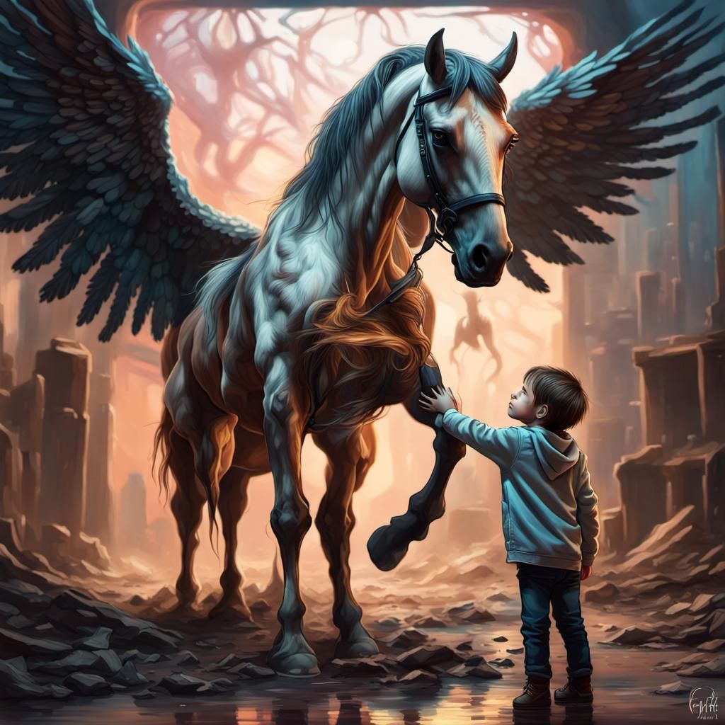 Haunted Child and Winged Horse in Dystopia