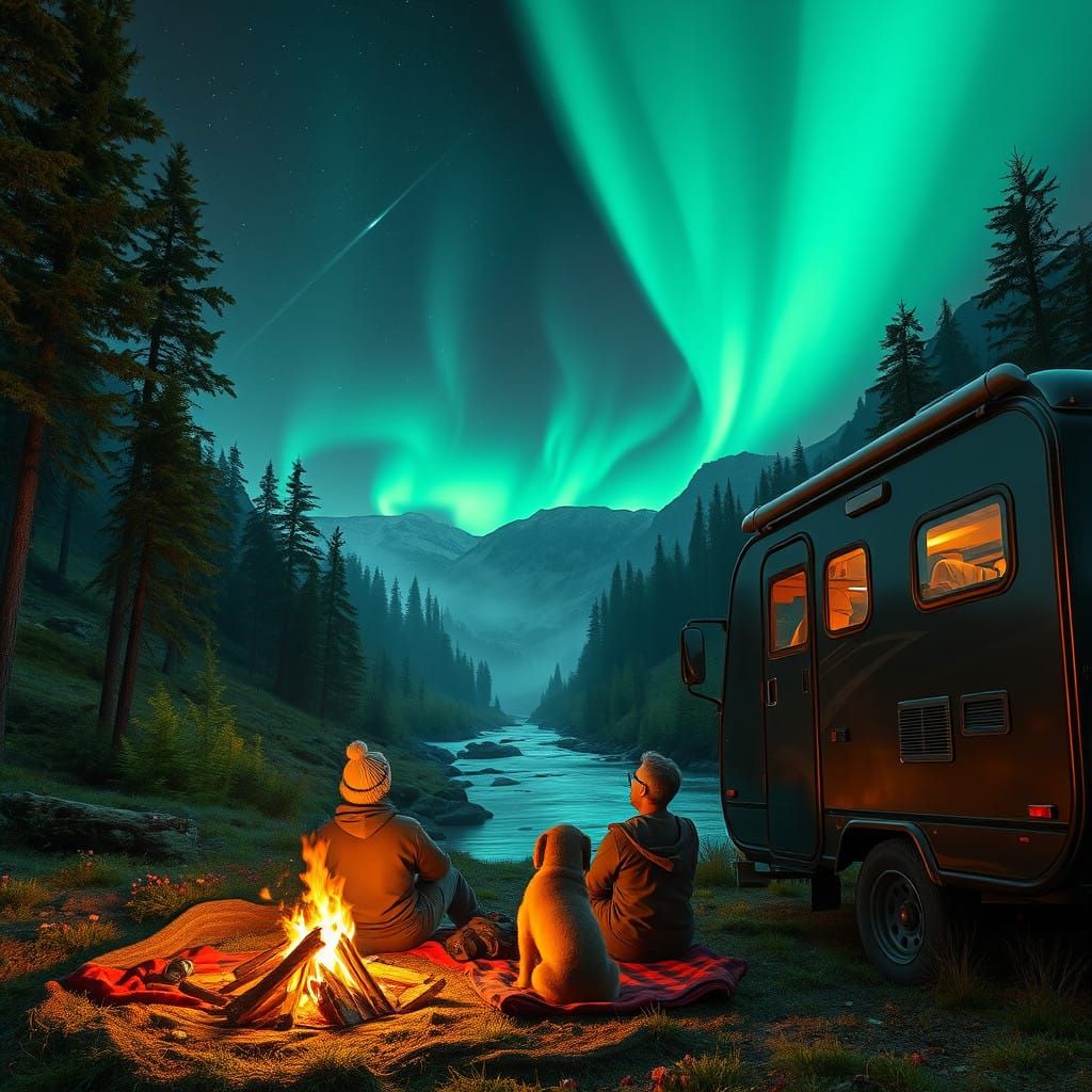 Cinematic Night Scene with Campfire, Motorhome, and Aurora B...