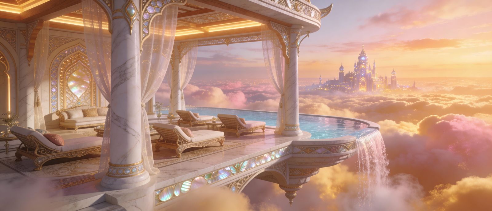 Elf Pavilion Floating on Golden Cloud Sea at Eternal Sunset