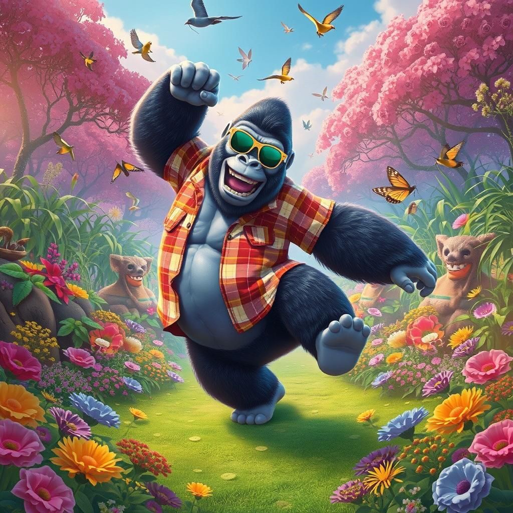 Giggling Gorilla Grooving in a Vibrant Garden