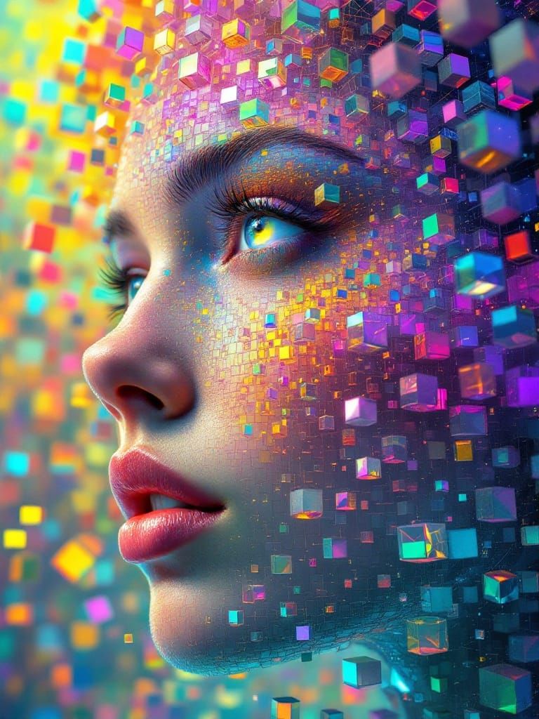 Surreal Goddess Unfolds from Geometric Cubes