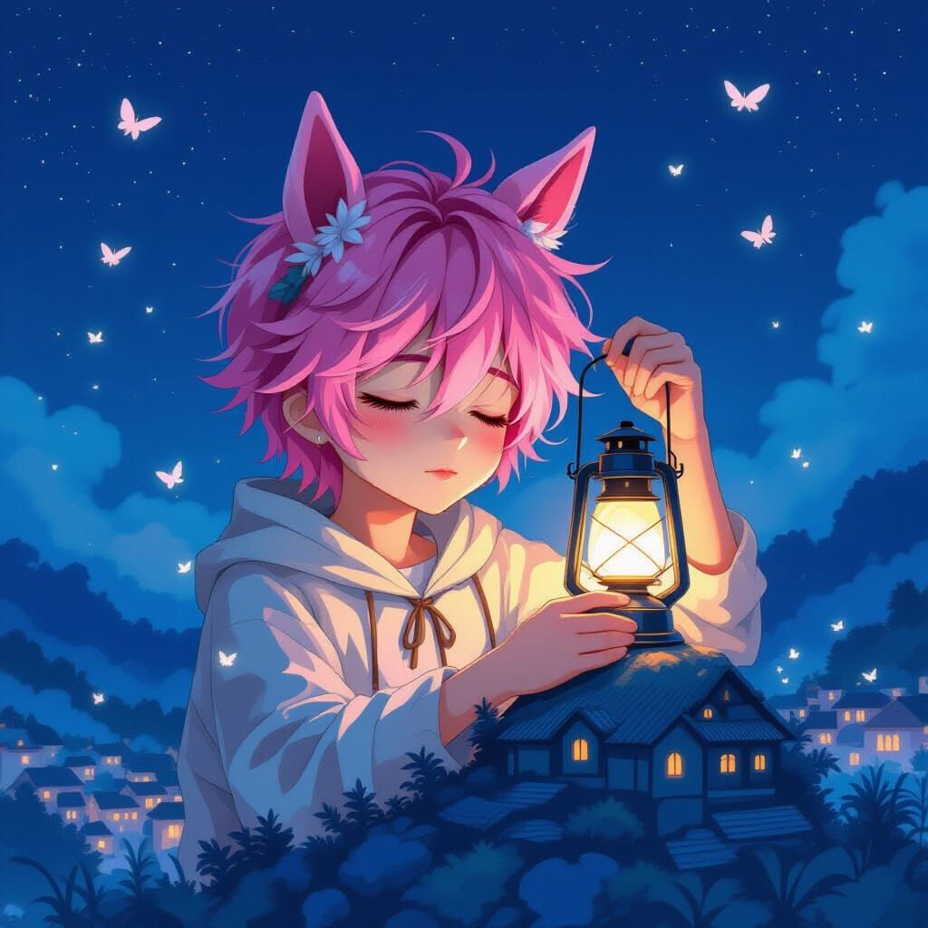 Anime Boy with Horse Ears in Dreamscape