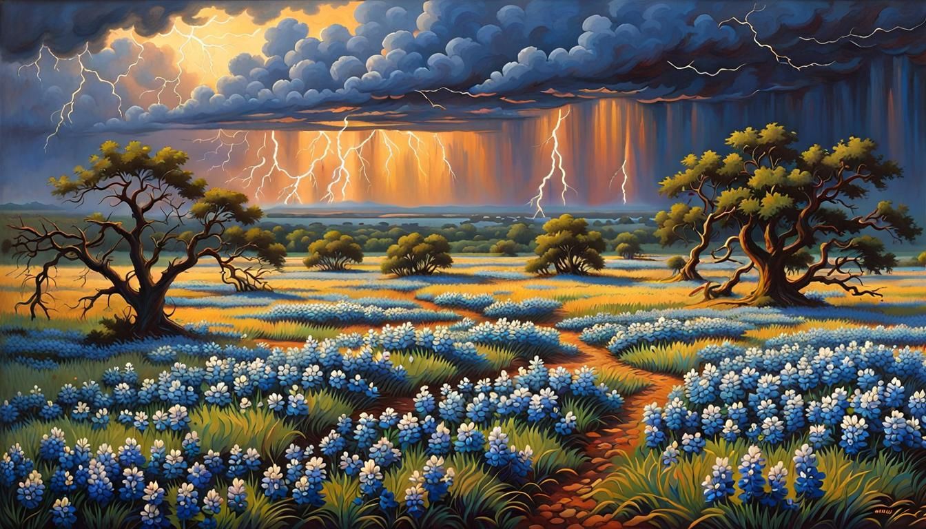 Texas Landscape with Bluebonnets and Approaching Storm