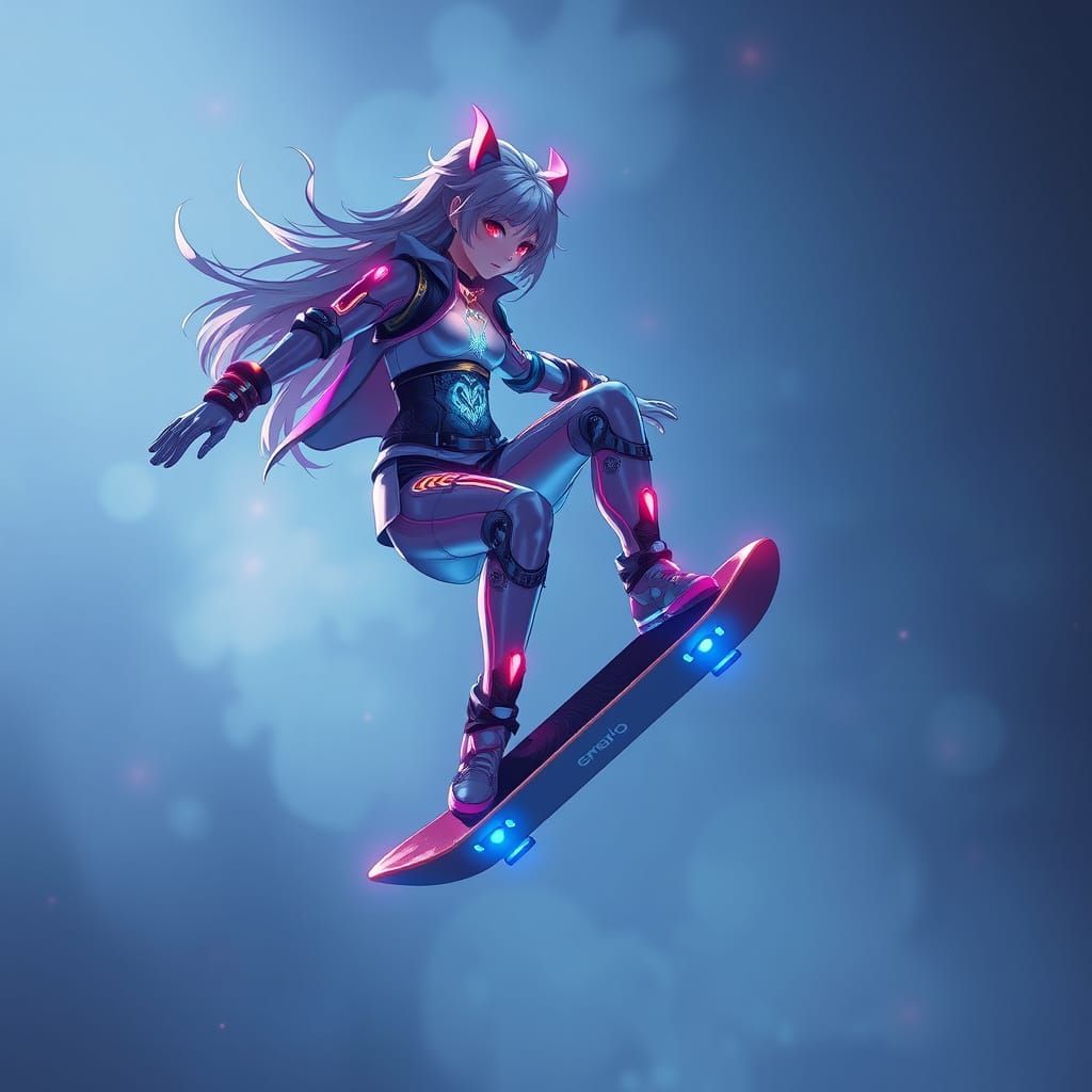 Surreal Skater Glides Through Mid-Air in Neon-Hued Fantasy