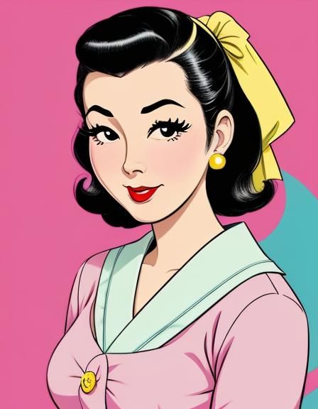 Cheerful 50s Housewife Portrait in Cartoon Style