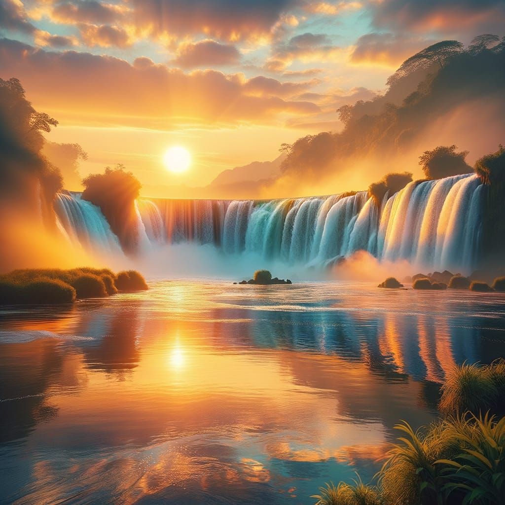 Serenic Morning Sunrise Over a Waterfall in Vibrant Colors