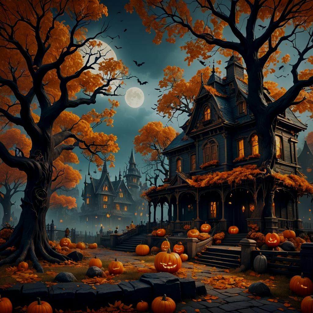 Detailed Matte Painting of Halloween in Autumn