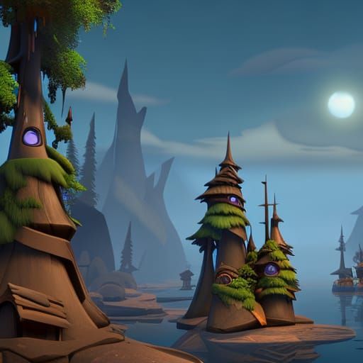 Whimsical Voodoo Tiki Tree Village in 3D Digital Art