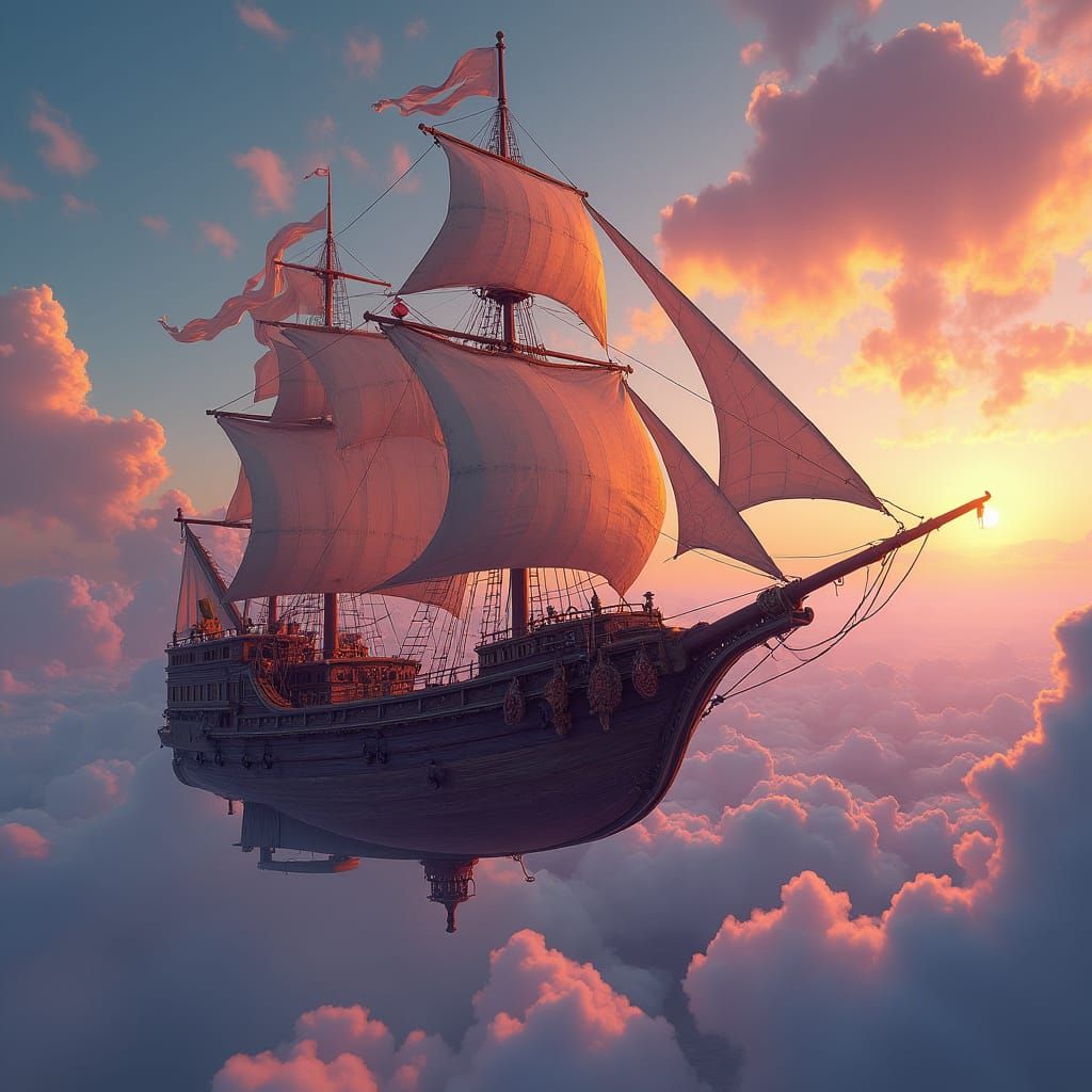 Fantastical Flying Boat in Sunset Sky