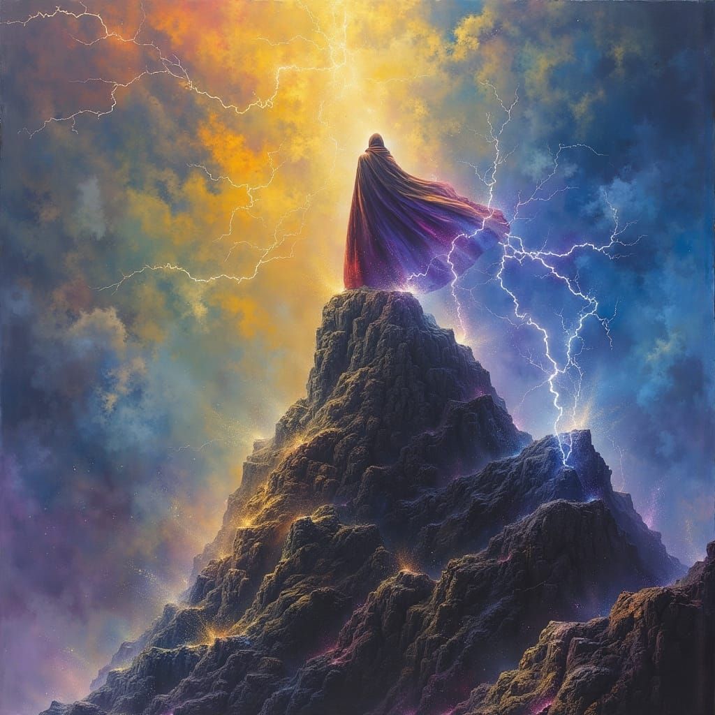 Wizard Summons Storm on Mountain in Dark Oil Paint