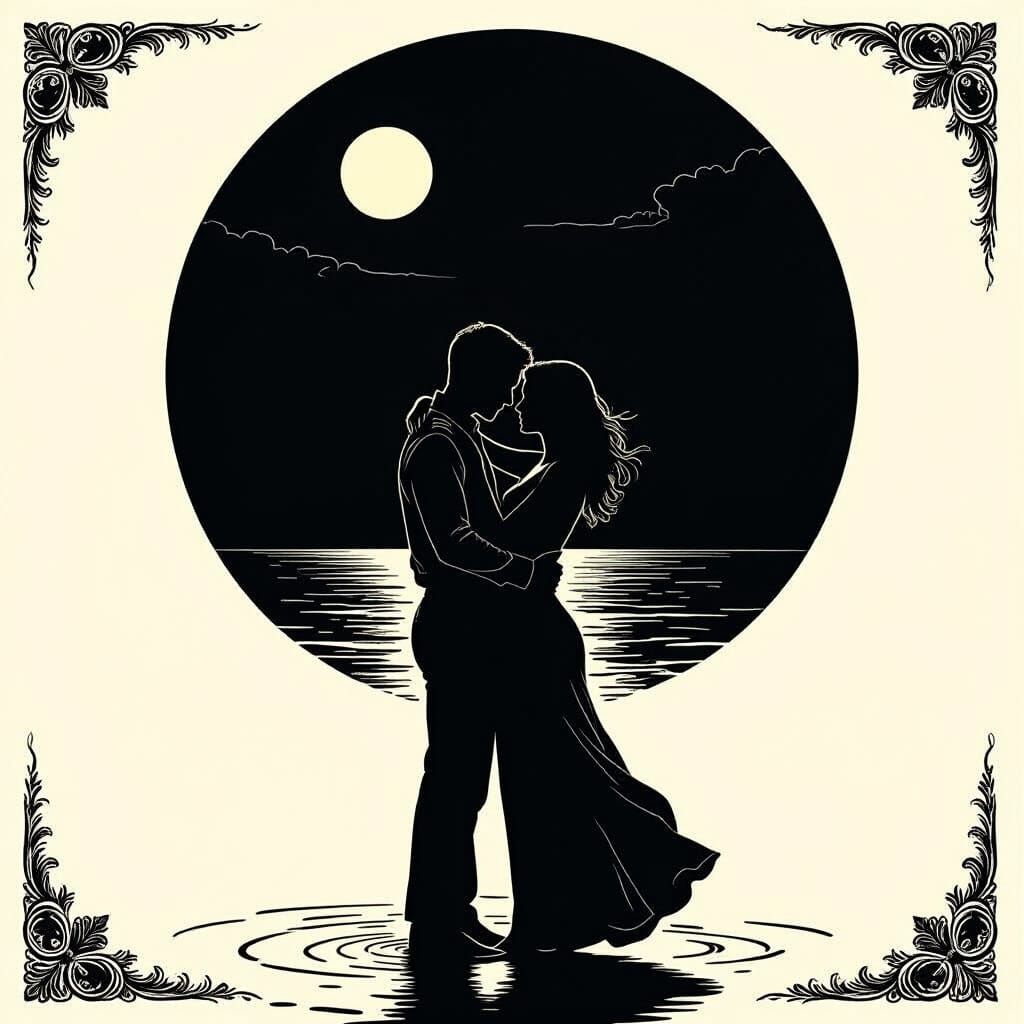 Romantic Silhouetted Couple on Dark Seashore