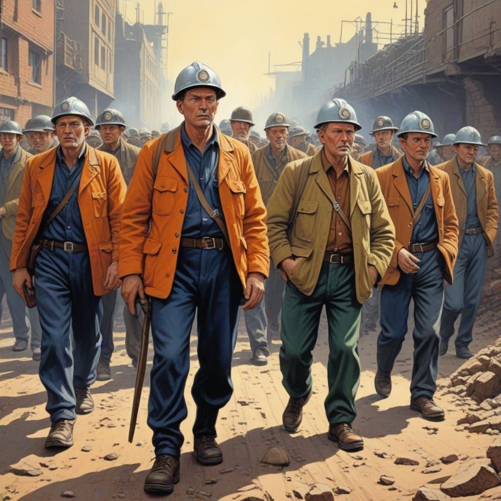 Moebius-Inspired Miners Clash with Industrial Landscape