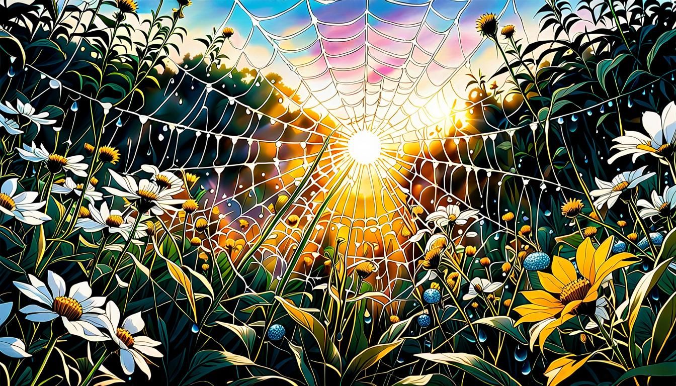 Spiderweb and Wildflowers at Dawn in Golden Light