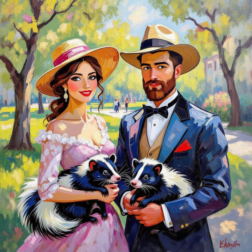Elegant People With Pet Skunks in Park, Neo-Impressionist St...