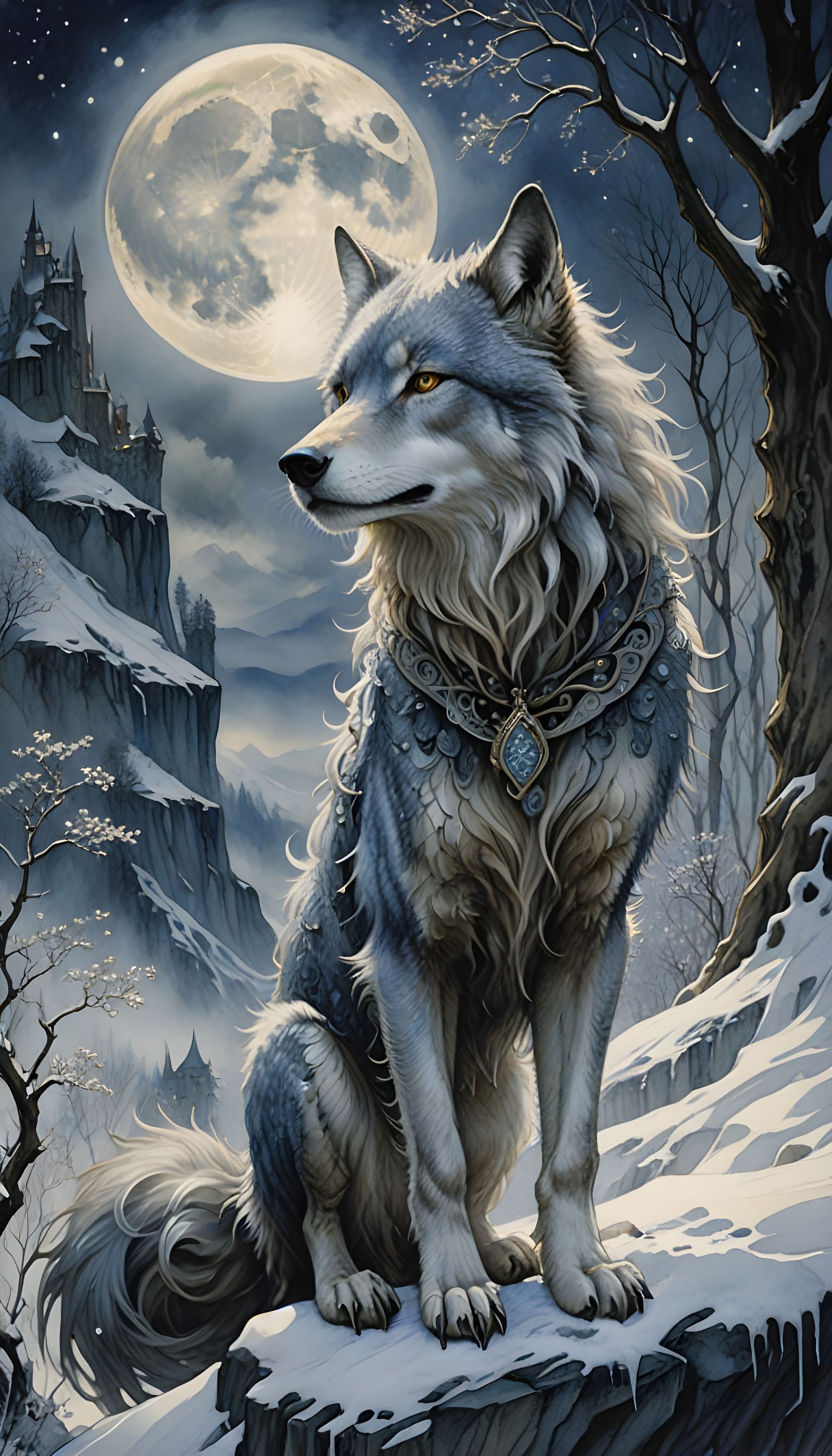 Mystical Wolf under Full Moon with Runic Mist