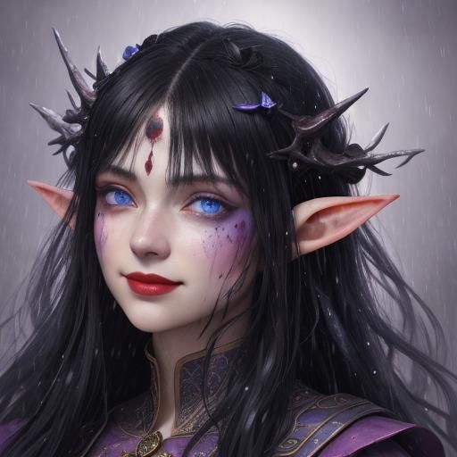 Elf Girl in Rain with Blood, Detailed Digital Art
