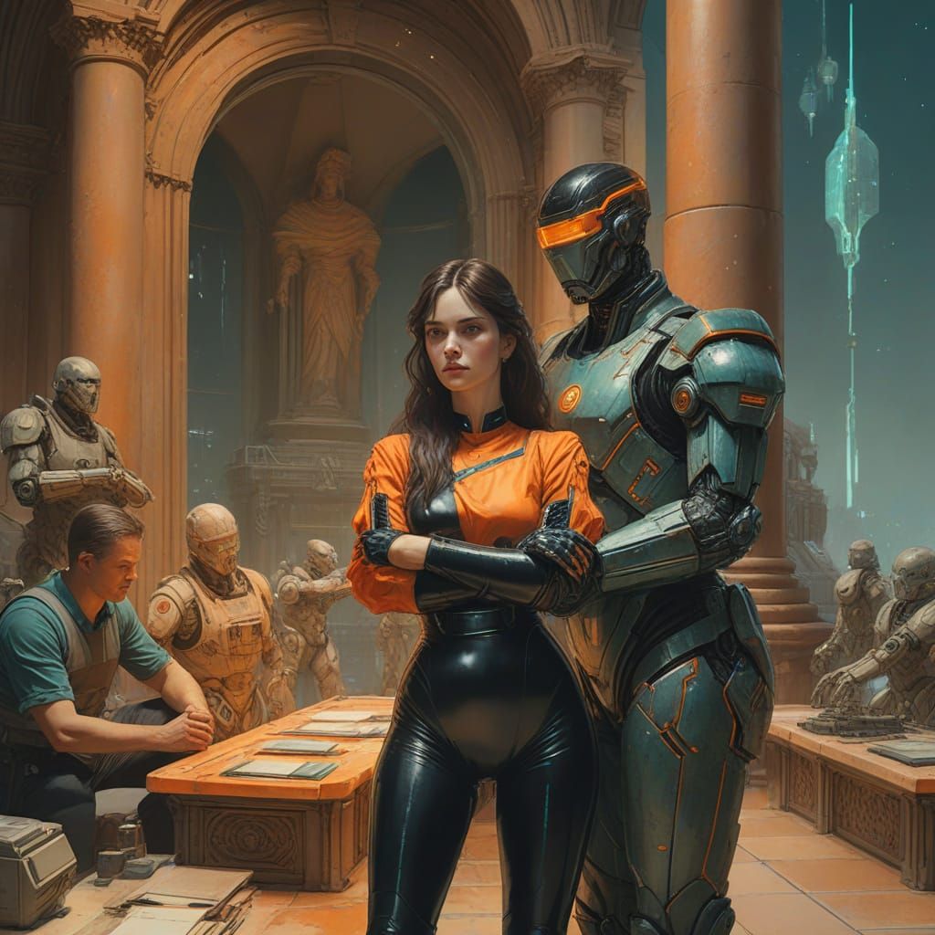 Neon Pre-Raphaelite Woman Watching Secretary Watercolor