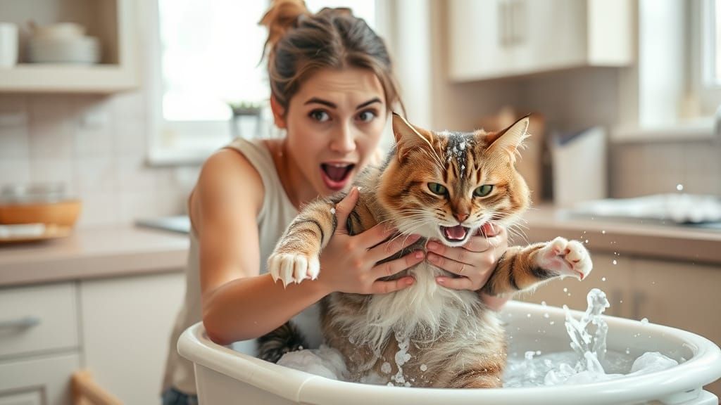 Young Woman Struggles to Hold Fighting Cat in Soapy Water