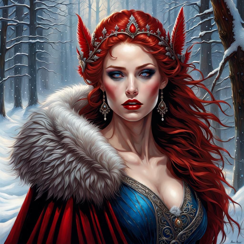 Gothic Red-Haired Beauty in Winter Forest, Fantasy Art