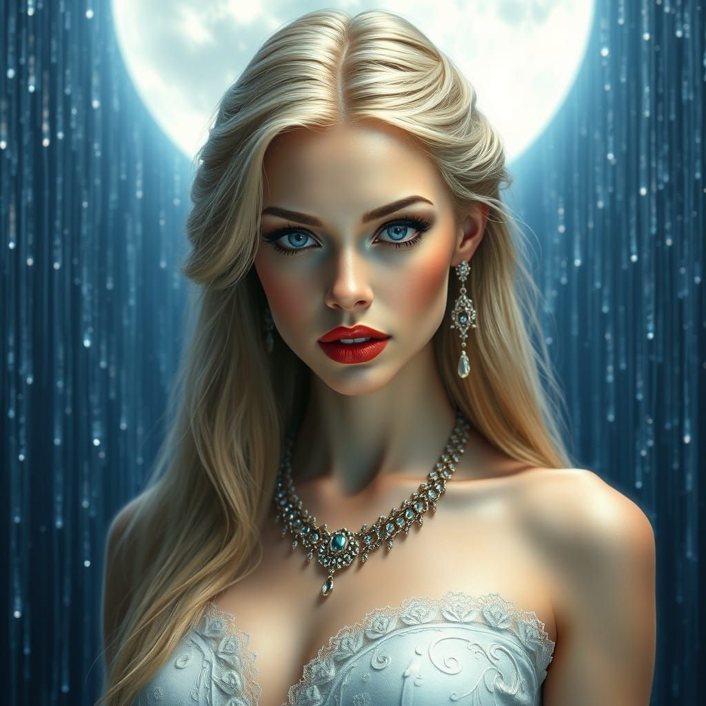 Ethereal Goddess in Crystal Rain Illuminated by Full Moon