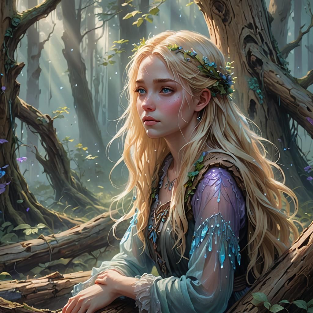 Fantasy Art: Girl in Forest with Tears