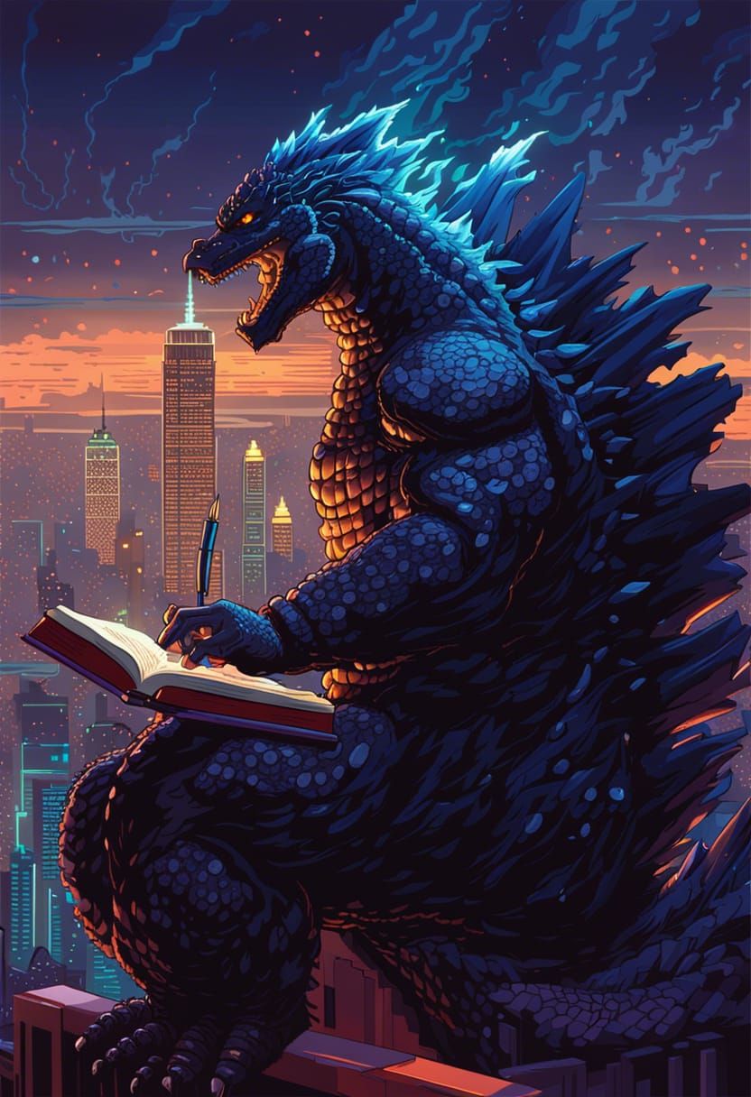 Godzilla Writes a Book: Pixel Art Concept