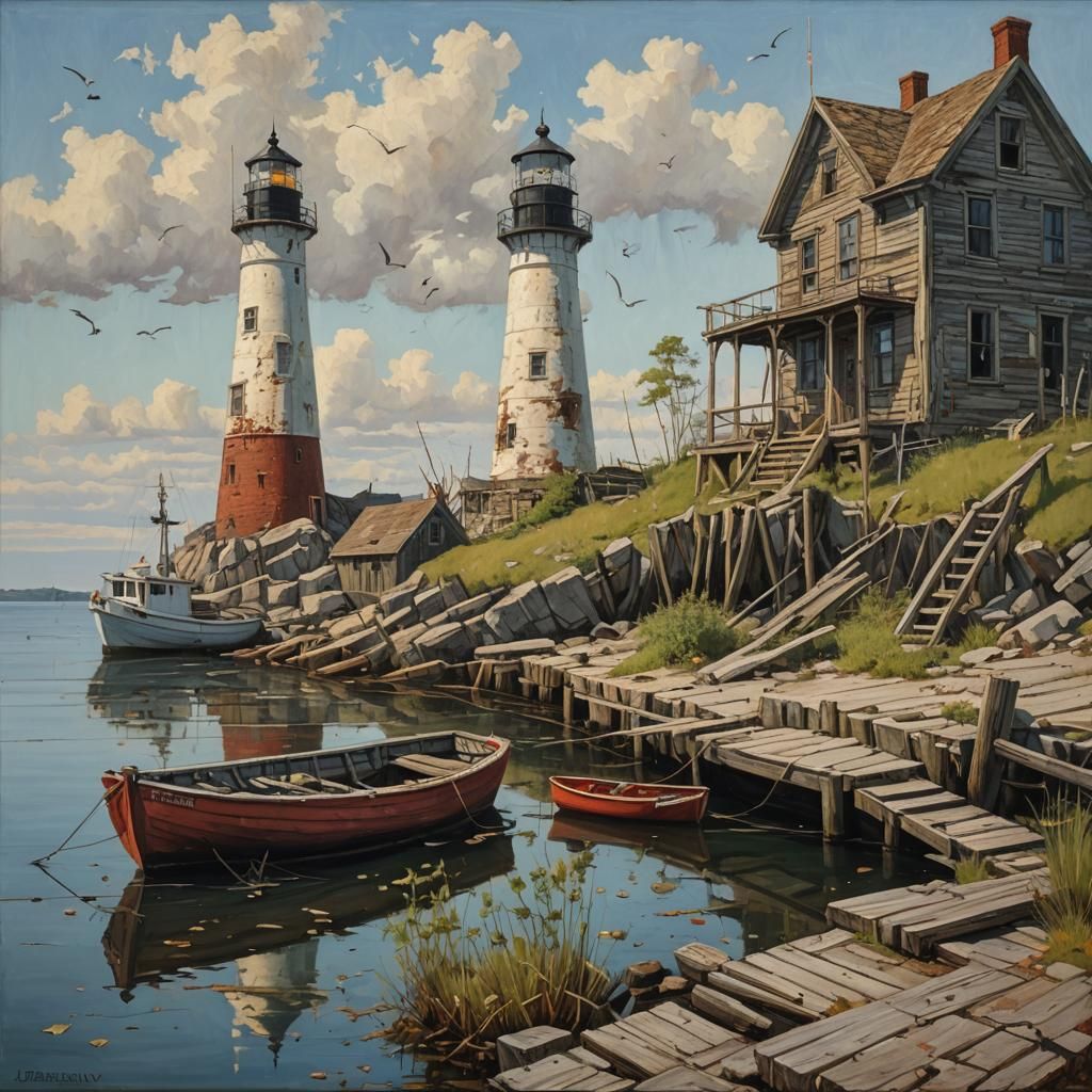 Old stonehouse Lighthouse with broken windows and weed crawling up the surface on pier in a ghosttown with small boats