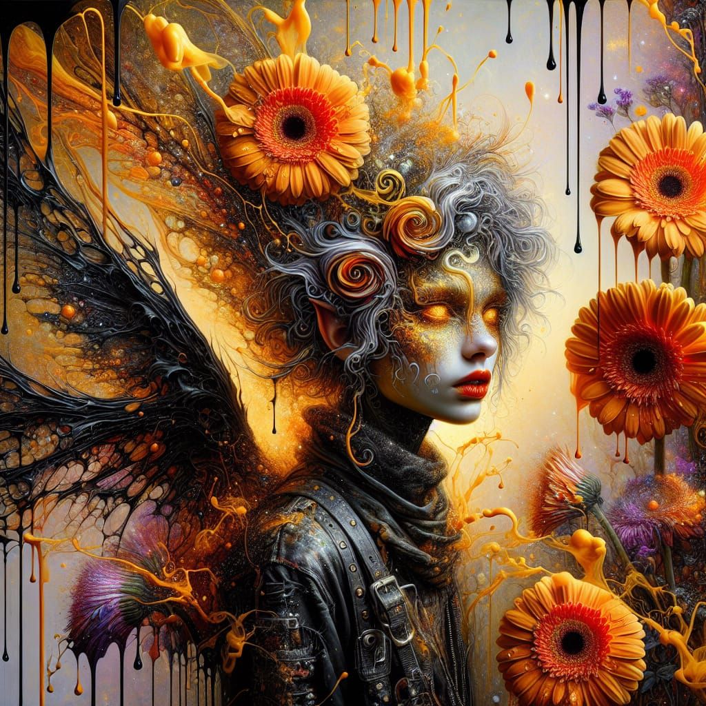 Surreal Punk Faun Amidst Golden Gerber Daisies in Vivid Figu...