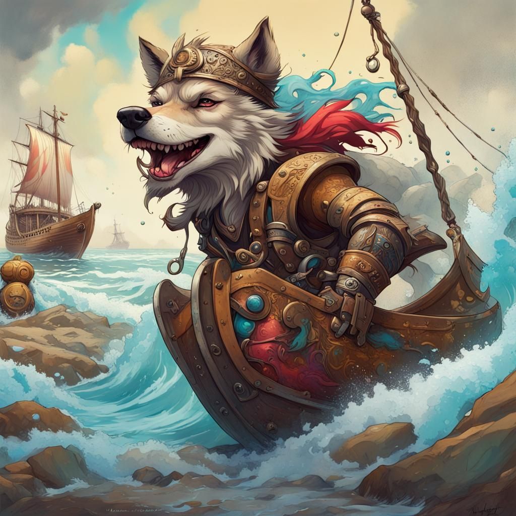 Anthropomorphic Wolf Viking Landing: Alphonse Mucha Style