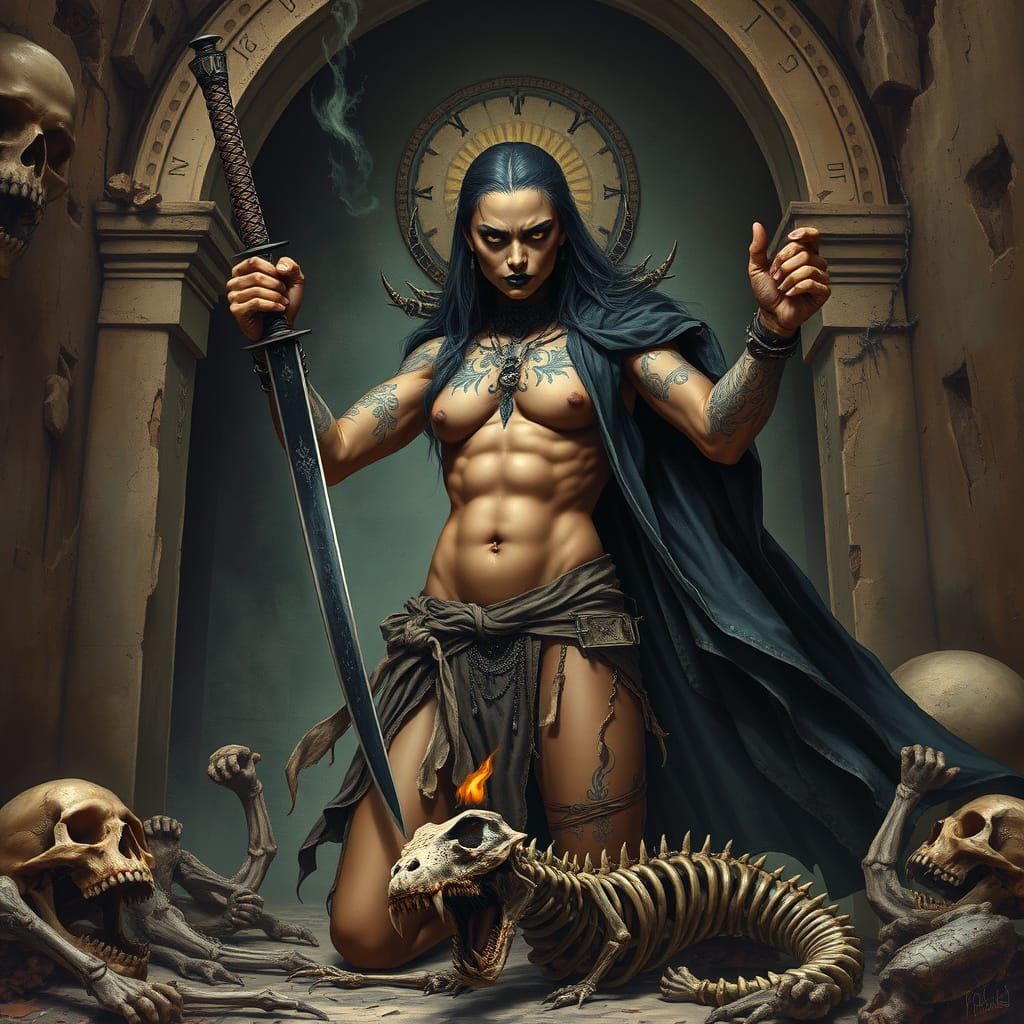 Goth Oracle with Bone Katana in Frazetta Style