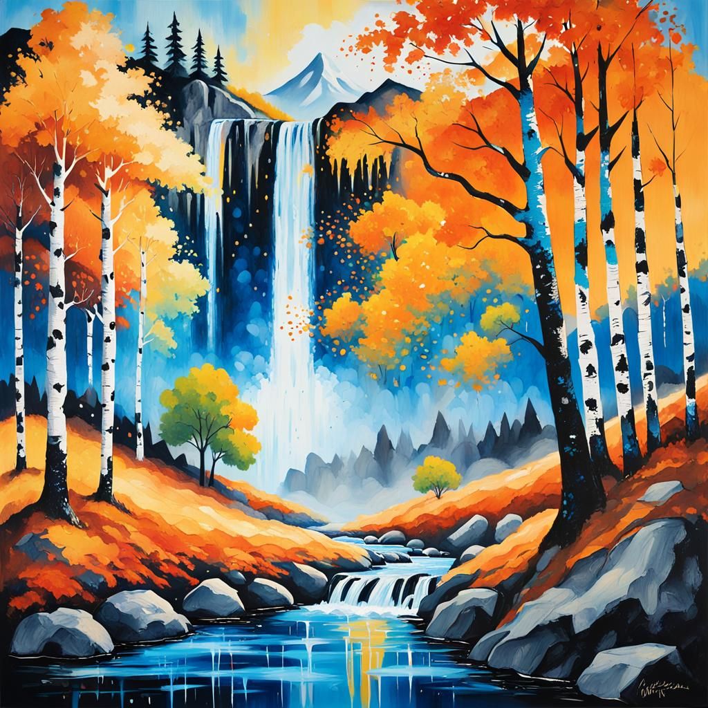 Expressionist Landscape with Waterfall in Fauvist Colors