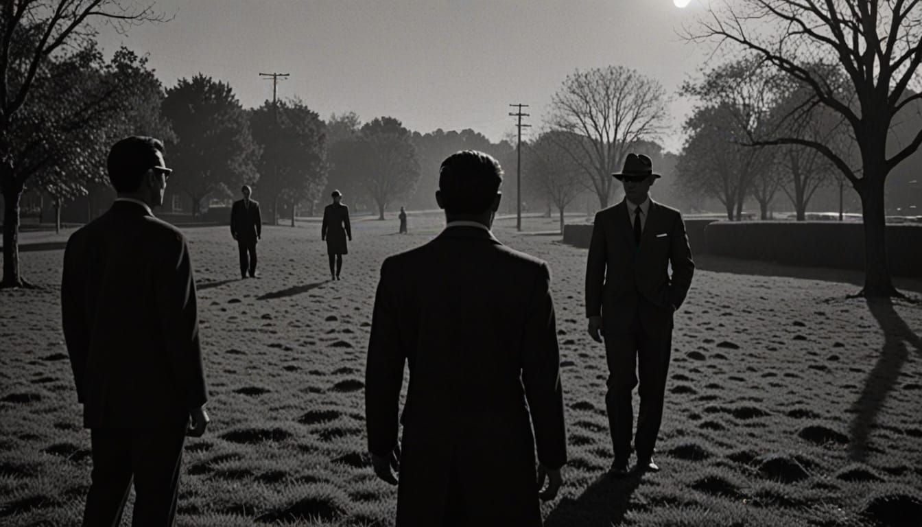 Woman confronts MIB agents on grassy knoll in noir style