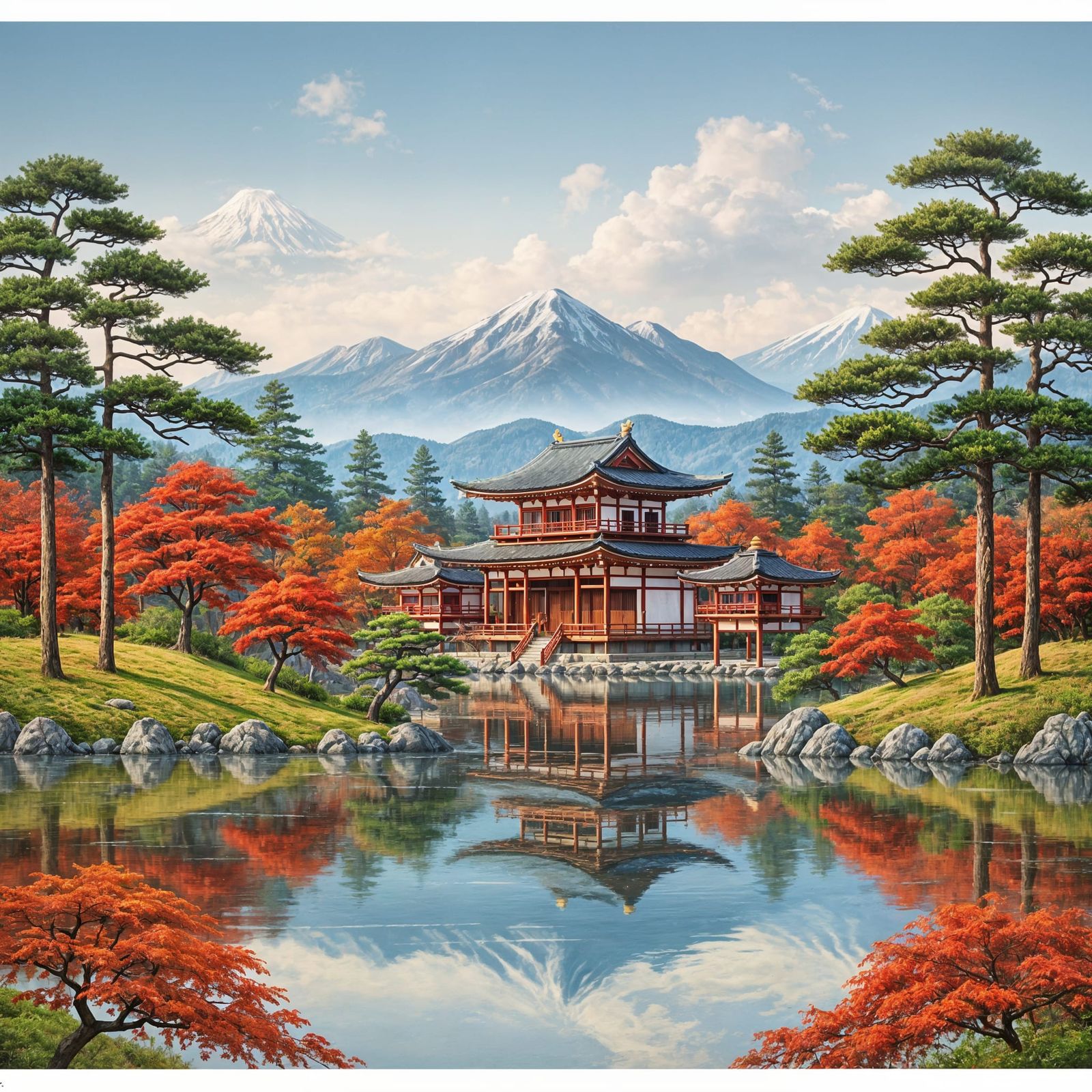 Japanese Temple Island Scene in Bob Ross Style