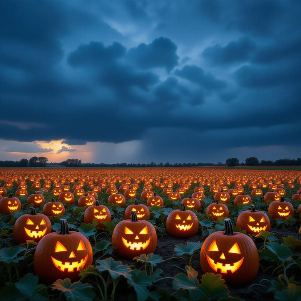 Haunted Pumpkin Patch Under Stormy Skies