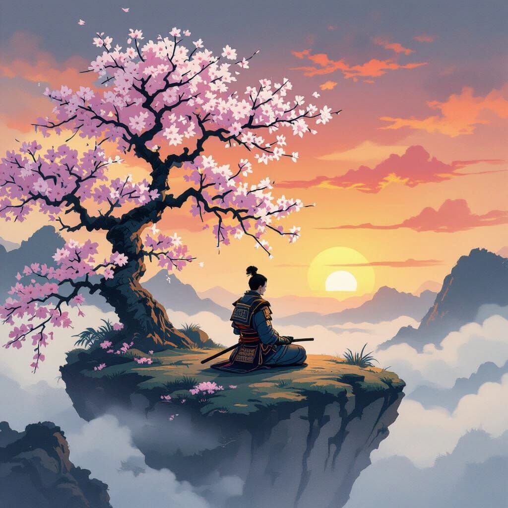 Samurai Meditating on Floating Island in Ukiyo-e Style