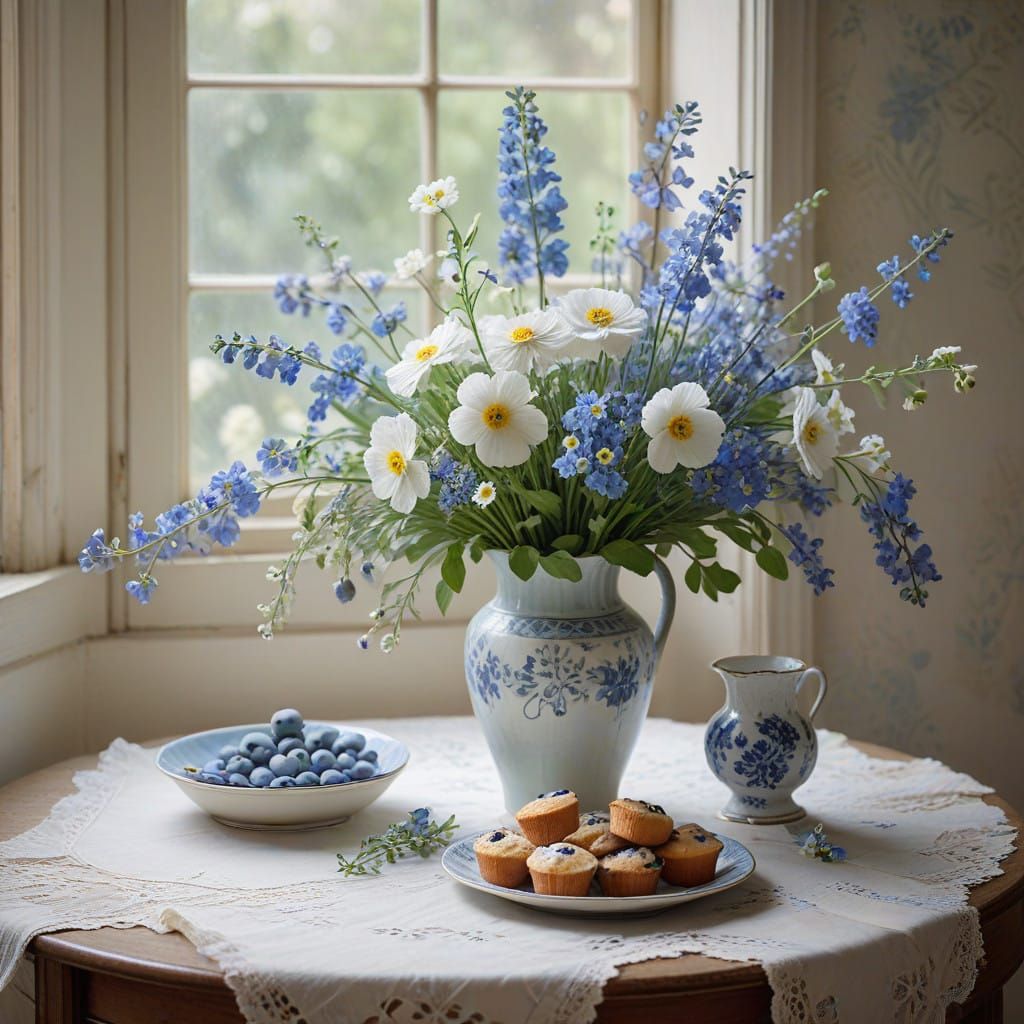 Blueberry muffins and blue flowers in a blue white faïence vase