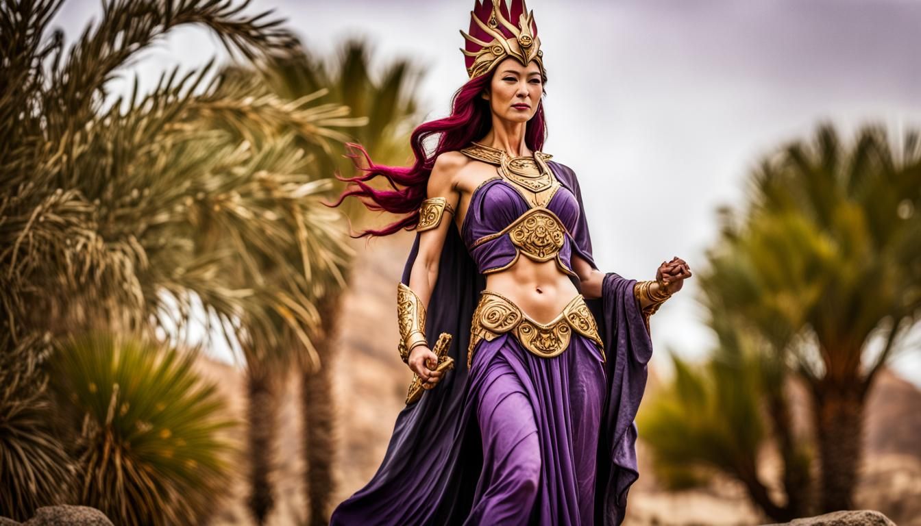 Michelle Yeoh Marble Statue in Desert Cityscape