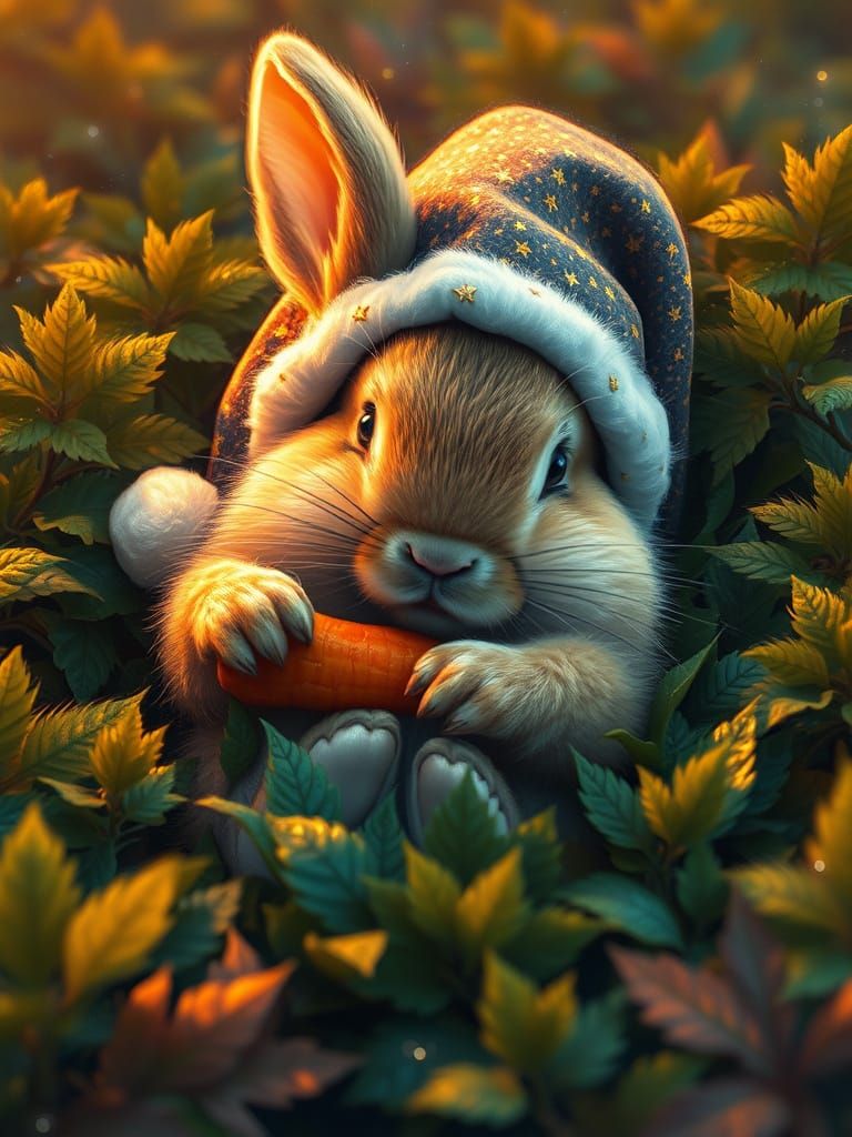Whimsical Rabbit Dreams in a Starry Emerald Forest