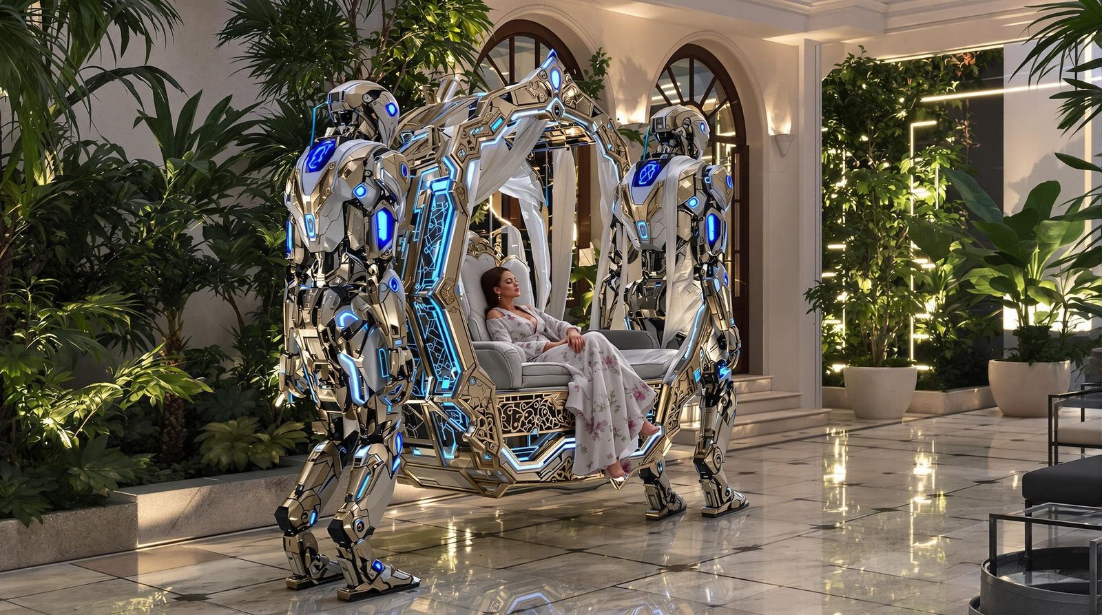 Optimus Robots Escort Lady to High-Tech Garden