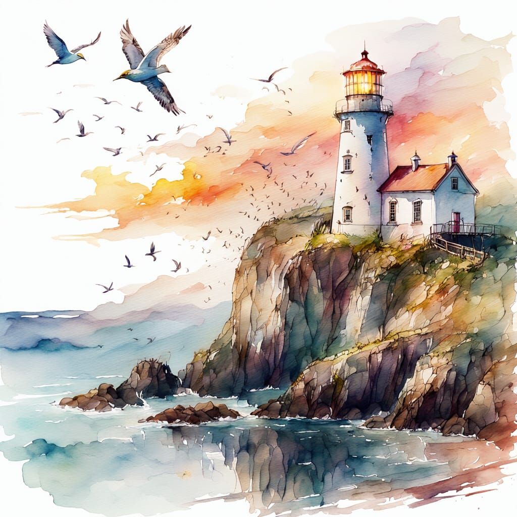 Lighthouse Cliffside Watercolor Painting with Seabirds